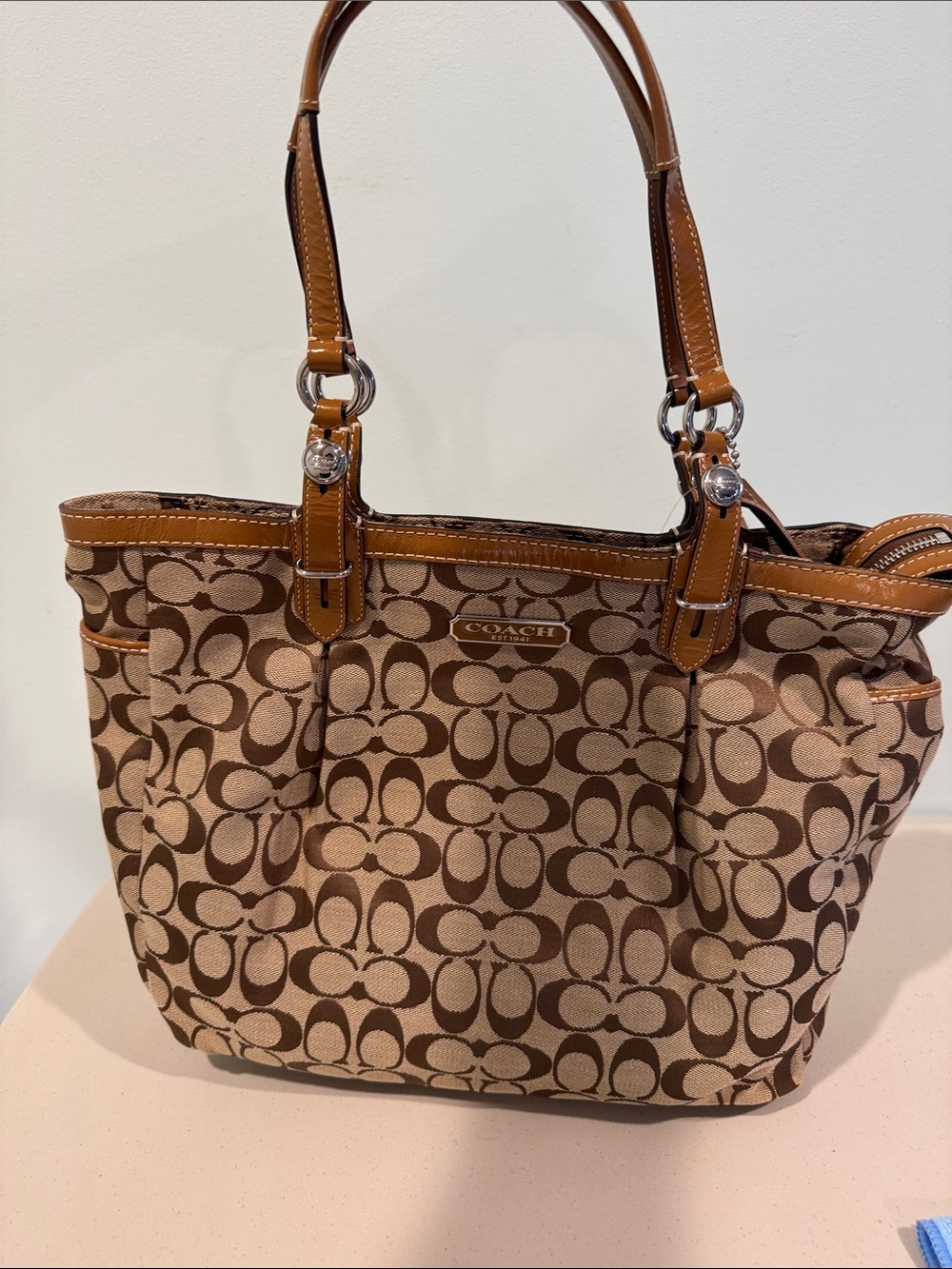 Coach Brown Signature Canvas Tote with Tan Leather Trim